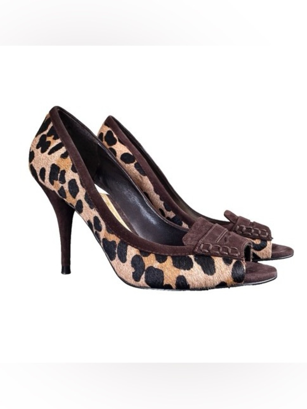 Lauren Ralph Lauren Leopard Print Peep Toe Heels Brown Trim Stiletto Size 8